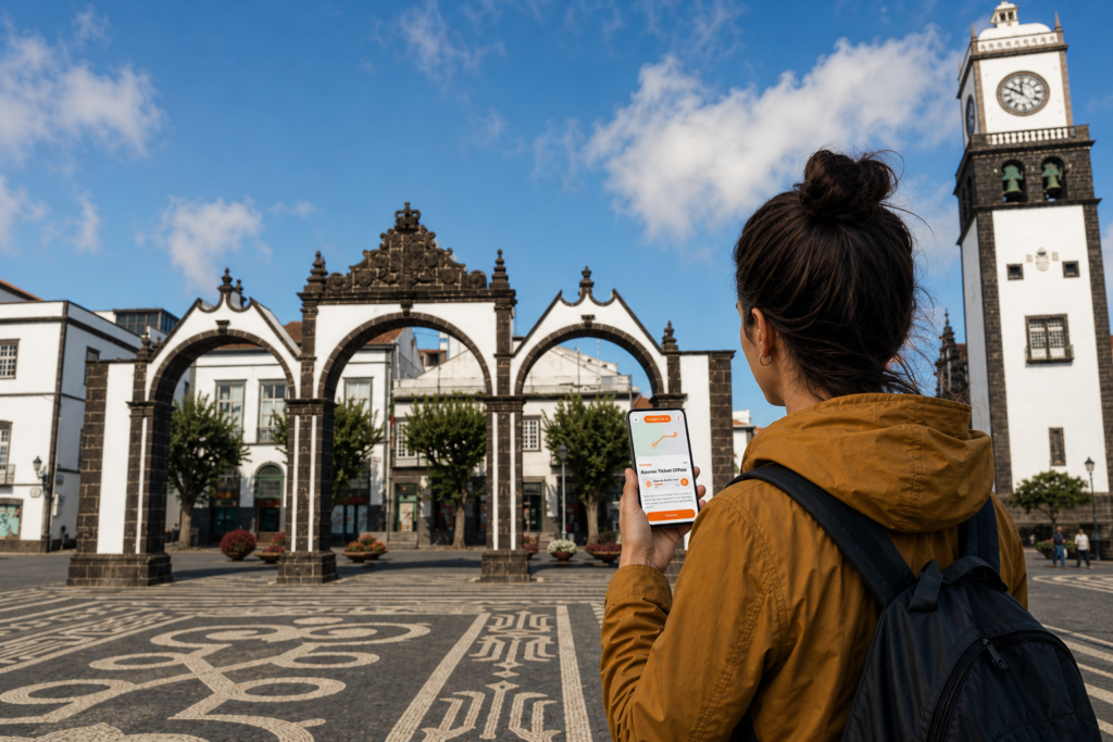 Traveler using the Azores self-guided tour app at Portas da Cidade in Ponta Delgada, São Miguel Island, Azores