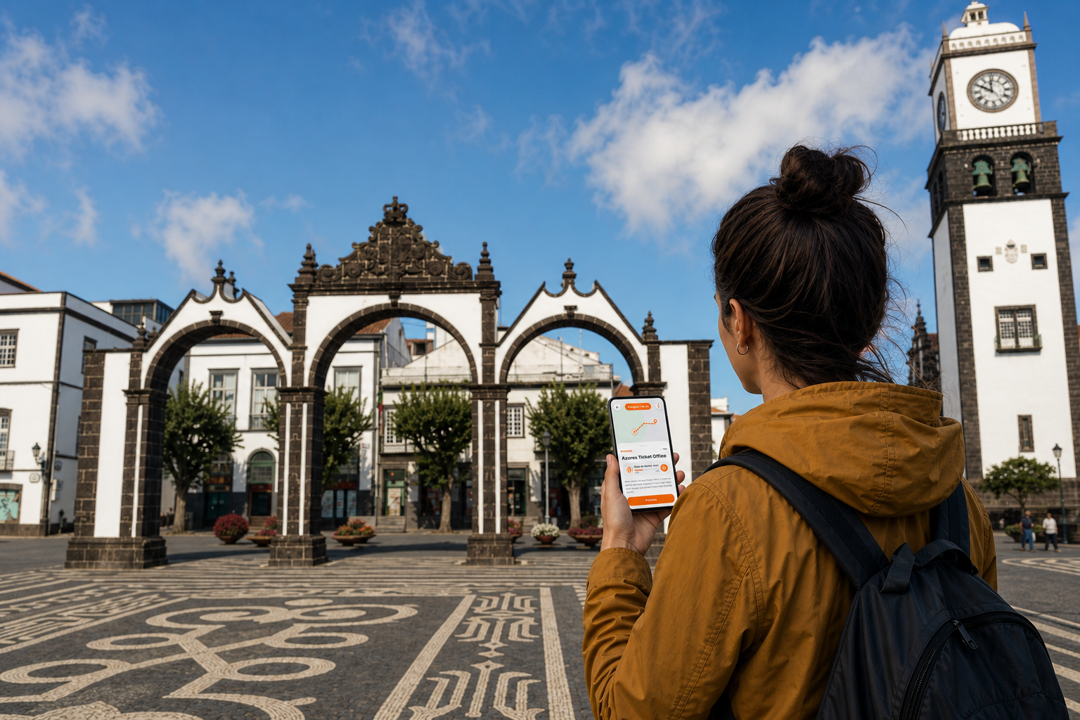 Traveler using the Azores self-guided tour app at Portas da Cidade in Ponta Delgada, São Miguel Island, Azores
